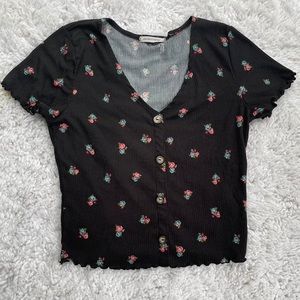 Floral print black ribbed crop top - Caution to the Wind (one size)